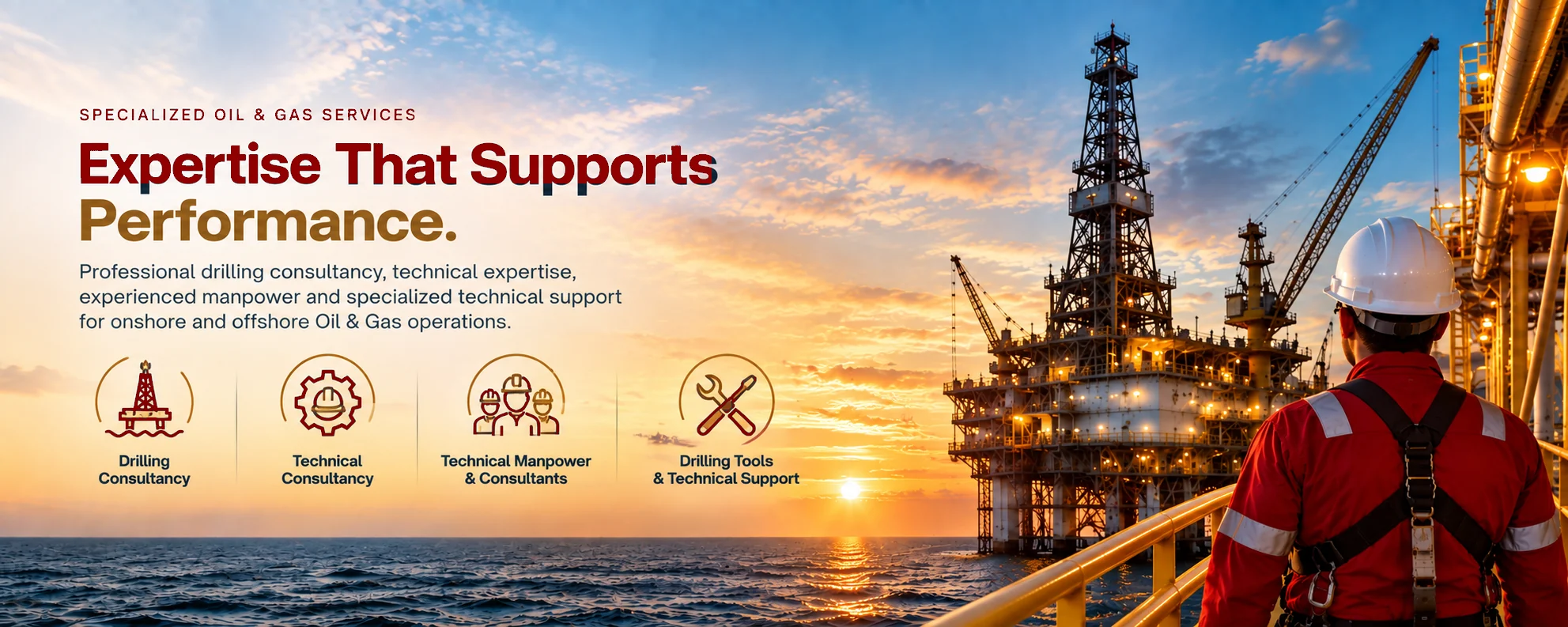 UPS banner – Banner Services Specialized Oil & Gas services — Expertise that supports performance: professional drilling consultancy, technical expertise, experienced manpower and specialized technical support for onshore and offshore Oil & Gas operations.