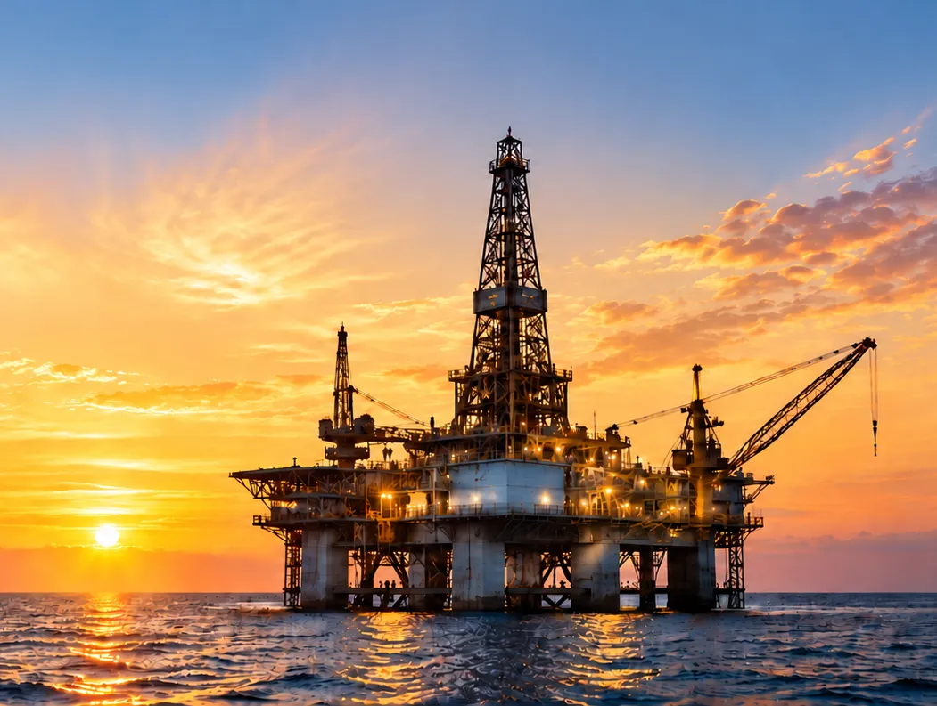 Offshore drilling platform at sunset
