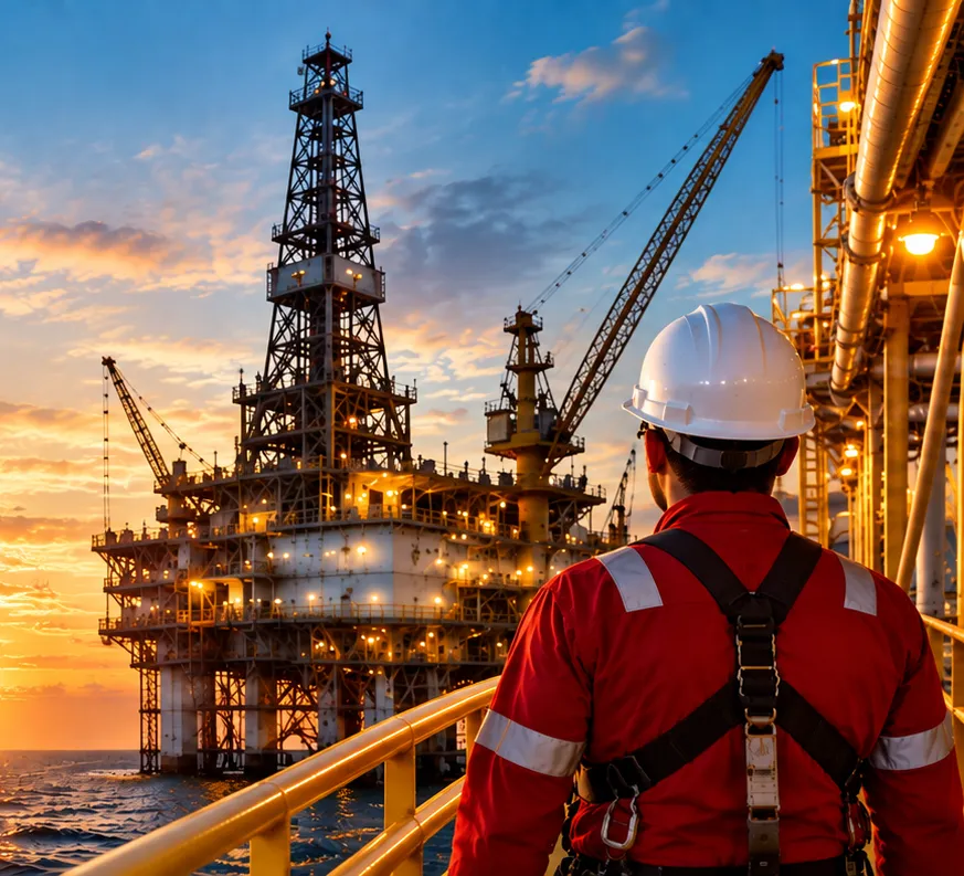 UPS field professional in safety gear overlooking an offshore rig